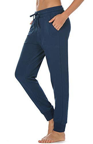 icyzone Joggingbroek voor dames, katoen, lange sportbroek, casual, basic, sweatbroek (L, Blauw)