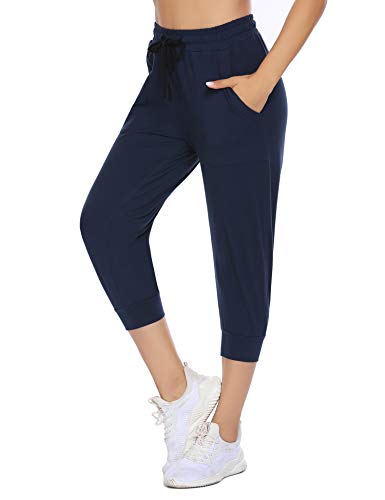COOrun 3/4 joggingbroek voor dames, sportbroek, stretch, capri, sweatpants, fitness, trainingsbroek met zakken, marineblauw, XL