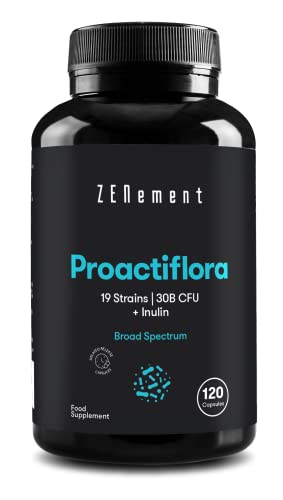 Proactiflora, Probiotica, 120 Capsules | 19 stammen (30 miljard KVE per dagelijkse dosis) + Inuline | Spijsvertering en immuunsysteem | van Zenement