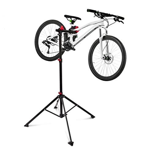 Relaxdays Fietsmontagestandaard reparatiestandaard met gereedschapsplank, inklapbaar en in hoogte verstelbaar, zwarte montagestandaard, vier poten, stabiel met vaste stand, staal gepoedercoat