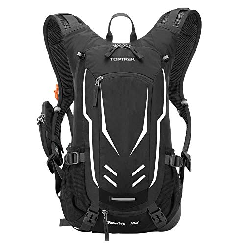 toptrek Fietsrugzak, 18 liter, ultralichte fietsrugzak met regenbescherming en helmafdekking, drinkrugzak, waterdichte fietsrugzak, sportrugzak, hydration rugzak voor heren, MTB, zwart, 18 Liter