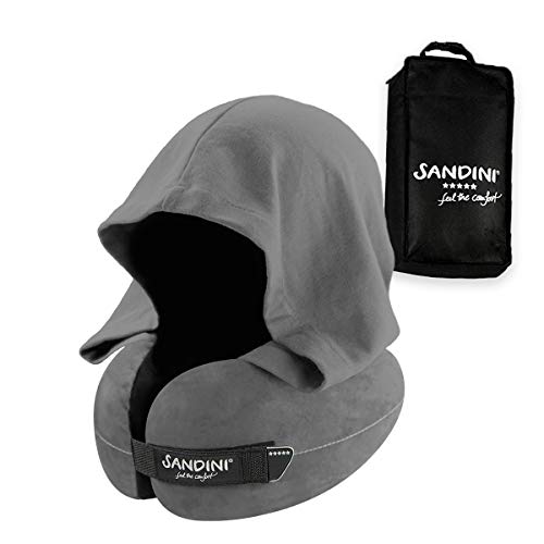 SANDINI TravelFix HOODIE Regular Size - Premium reiskussen met sluiting/nekkussen met ergonomische ondersteuningsfunctie en geïntegreerde kap - Gratis transporttas met bevestigingsclip