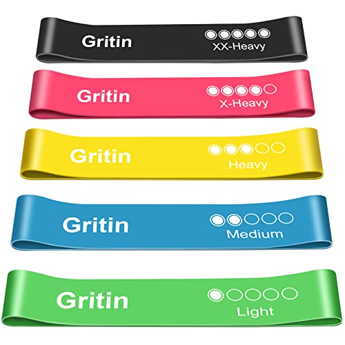 Gritin Weerstandsbanden, Set van 5, Fitnessband, Gymnastiekband, 100% Natuurlijk Latex, Theraband voor Spieropbouw, Yoga, Crossfit, Gymnastiek enz.