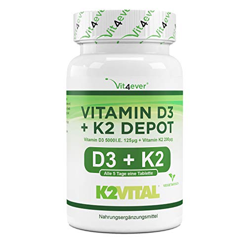 Vitamine D3 + K2 Depot - 180 tabletten met 5000 I.E + Vitamine K2 200 mcg per ÉÉN tablet - 99.7+% All-Trans (K2VITAL® by Kappa) - Hoog Gedoseer