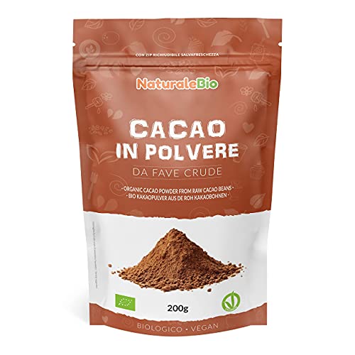 Biologisch Cacaopoeder 200 gram. Bio, Natuurlijk en Zuiver. Geproduceerd in Peru van de Boom Theobroma Cacao. Bron van Magnesium, Mangaan en Fosfor. NaturaleBio