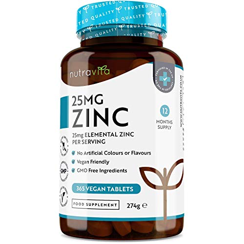 Zink 25 mg - 365 vegan tabletten (voorraad voor 12 maanden) - Zinktabletten met hoge dosis voor het behoud van een normaal immuunsysteem, botten, haar, huid en nagels - Gemaakt door Nutravita