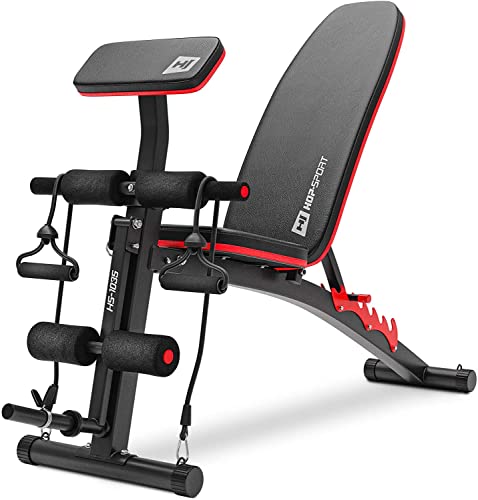 Hop-Sport Multifunctionele Halterbank HS-1035 Fitnessbank met Curlpult, Verstelbare Trainingsbank in Uniek Design met Dikke Bekleding, Perfect voor Bankdrukken of Training van het Hele Lichaam