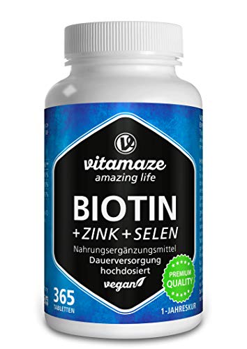 Biotine 10.000 mcg Hoge Dosering + Selenium + Zink voor Haargroei, Huid & Nagels, 365 Veganistische Tabletten voor 1 Jaar, Made in Germany, Natuurlijke Voedingssupplement zonder Additieven