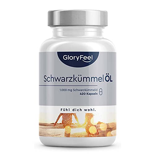 Zwarte komijnolie - 420 capsules - 1000mg per dagelijkse dosis - Egyptisch, natuurlijk en koudgeperst - 80% essentiële vetzuren + vitamine E - Laboratorium getest zonder toevoegingen Made in Germany