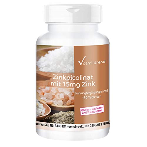 Zink 15mg van zinkpicolinaat - 180 veganistische tabletten - essentieel spoorelement - ! VOOR 6 MAANDEN ! - Gemaakt in Duitsland
