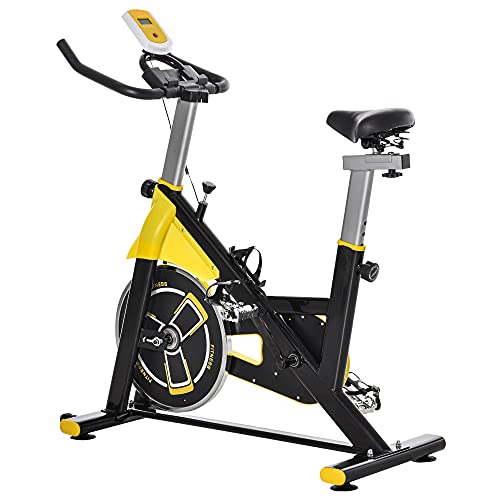 HOMCOM fietstrainer in hoogte verstelbare hometrainer fitness fiets rollertrainer met riemaandrijving LCD display staal ABS geel + zwart 50 x 100 x 101-113 cm