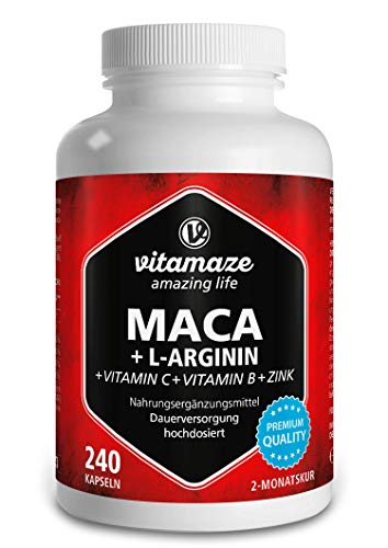 Maca Capsules 4000 mg Hoge Dosis + 1800 mg L-Arginine + Vitaminen C, B6, B12 + Zink, 240 Capsules 2 Maanden vooraad, Supplement zonder Additieven, Made in Germany