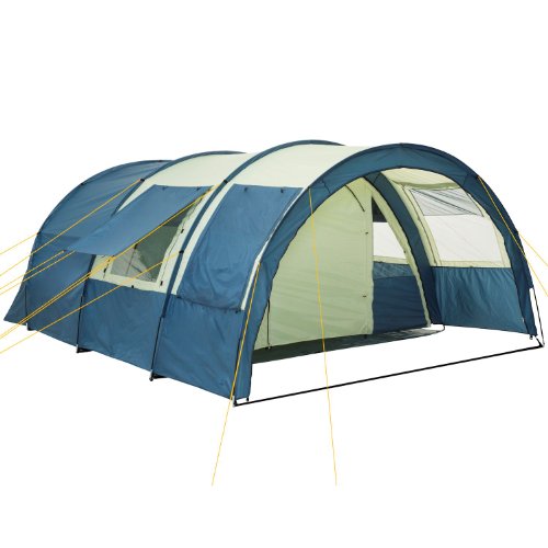 CampFeuer Multi tent voor 4 personen, blauw/zand, tunneltent met enorme voortent, 5000 mm waterkolom, campingtent met grondzeil en verplaatsbare voorwand, groepstent