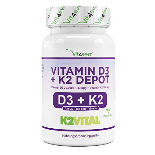 Vitamine D3 20.000 I.U. + Vitamine K2 200 mcg Menaquinone MK7 Depot - 180 tabletten - 99.7+% All-Trans - Vegetarisch - Hoog Gedoseerd