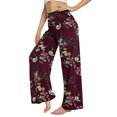 BOTCAM Vrijetijdsbroek voor dames, lang, wijde pijpen, strandbroek, bloemenprint, stoffen broek, stretch, yogabroek, joggingbroek, dames, hoge taille, oversized, sportbroek, zomerbroek, dames, licht, ademend, sweatbroek, Bruin 81, L