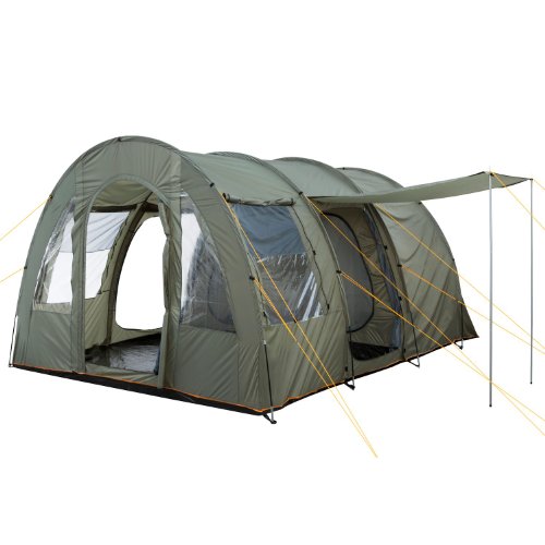 CampFeuer TunnelX Tent voor 4 personen, olijfgroen, tunneltent met 3 ingangen, waterkolom van 5000 mm, gestikt grondzeil, groepstent, campingtent, familietent