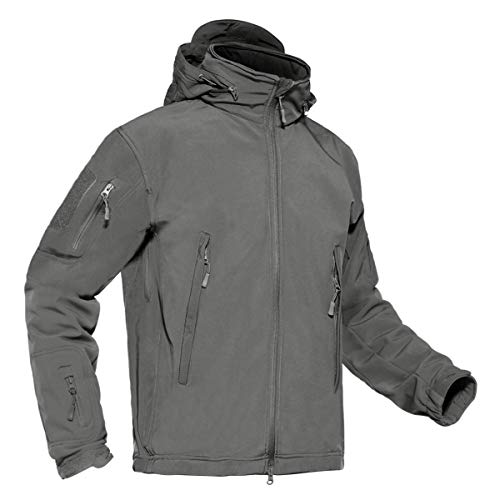 KEFITEVD Mannen Waterdichte Tactische Fleece Jassen Zachte Shell Combat Jas Regenjas met Afneembare Opvouwbare Capuchon, Grijs, S