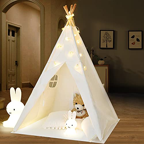 IREENUO tipi Tent voor kinderen met feeënverlichting en draagtas en vloermat, opvouwbare kinderspeeltenten speelhuisspeelgoed voor meisjes/jongens binnen en buiten spelen (wit)
