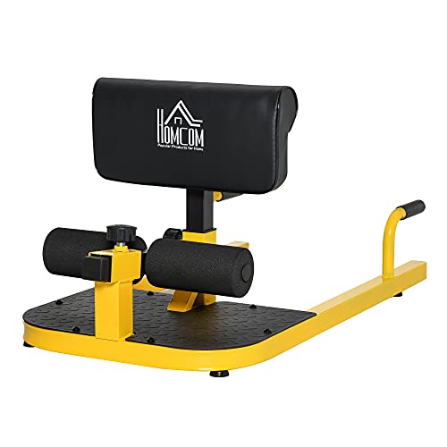 HOMCOM sissy squat squat-trainer beentrainer buik- en biltrainer 3-in-1 trainer instelbaar verrijdbaar tot 120 kg staal geel 50 x 97 x (45,5–57,5) cm