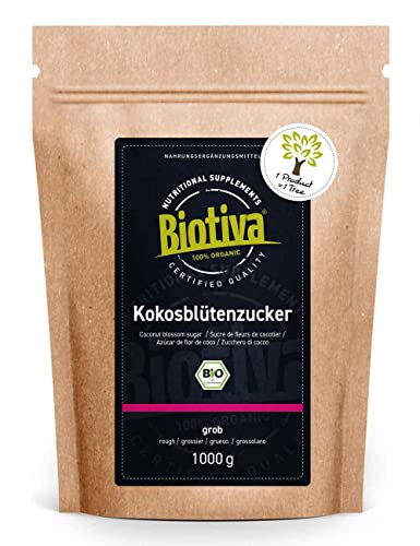 Biotiva Biologische kokosbloesemsuiker 1000g - Karamelnoot - Fair trade - 1:1 als suiker - Verpakt en gecontroleerd in Duitsland (DE-ECO- 005)
