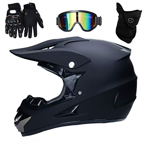 UIGJIOG Motorcross Helm Mat Zwart, Volwassen Vol Gezicht Off-Road Crash Helm Met D.O.T Gecertificeerde MX ATV BMX Racing Beschermende Uitrusting Gift Goggle Handschoen Masker,A,M(54~55cm)