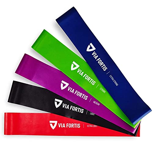 VIA FORTIS Fitnessbanden set - 5-delige set trainingsbanden incl. Duitse handleiding en draagtas - 5x fitnessband, gymnastiekband, elastiek, weerstandsband, weerstandsbanden