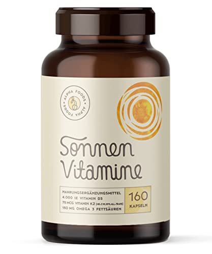 4.000 vitamines D3, K2 (vitaMK-7, 99,99% All-Trans) en omega 3 vetzuren uit lijnzaad en algen - SUN VITAMINS - Geen toevoegingen, geen hulpstoffen - 160 V-Caps