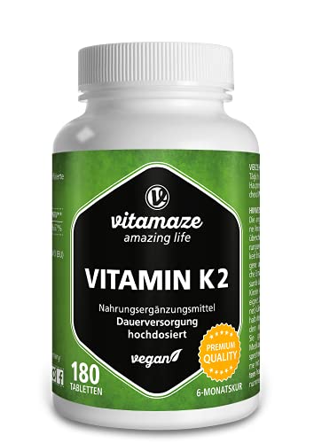 Vitamine K2 200 mcg Supplement, Gecertificeerd MK-7 Menaquinone, Veganistisch, 180 Tabletten 6 Maanden Voorraad, Beste Bio-beschikbaarheid, Supplement zonder Additieven, Made in Germany