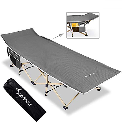 Sportneer Campingbed, campingbed voor volwassenen, extra breed, inklapbaar, veldbed met twee zijvakken, veldbed voor buiten, tuin, binnen, 204 kg belastbaar, 188 x 70 x 37 cm, grijs