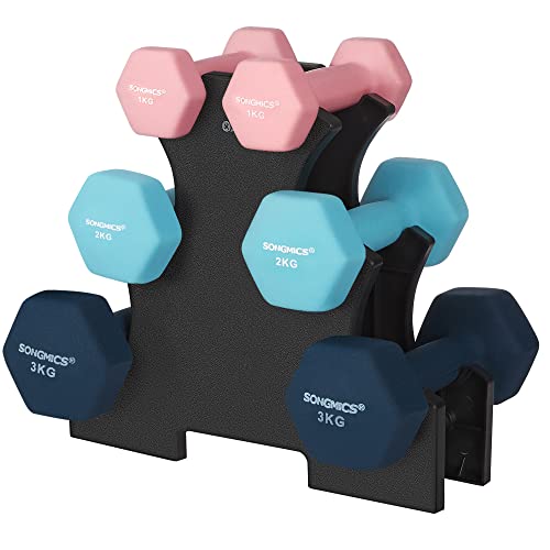SONGMICS Halters, Halterset, Halters, Zeshoek, met halterstandaard, 2 x 1 kg, 2 x 2 kg, 2 x 3 kg, Vinyl Coating, Krachttraining, roze, aquamarijn en blauw SYL612MK