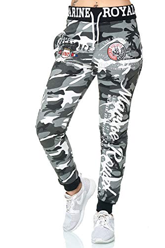 Joggingbroek voor dames, lang | trainingsbroek voor vrouwen | sportbroek met manchetten | vrijetijdsbroek 100% katoen | huispak | nauwe broekspijpen | marine royal 512, grijs/camouflage, S