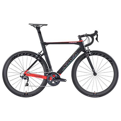 SAVADECK Herd6.0 carbon racefiets T800 koolstofvezel 700C racefietsen met Shimano 105 R7000 groepset 22 speed carbon wielset zadelpen vork ultralichte fiets (Zwart rood, 56cm)