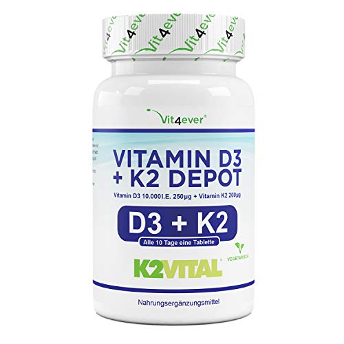 Vitamine D3 10.000 I.U + Vitamine K2 200 mcg Menaquinone MK7 Depot - 180 tabletten - 99.7+% All-Trans (K2VITAL® by Kappa) - Vegetarisch - Hoog Gedoseerd