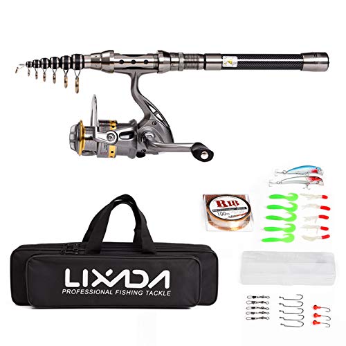 Lixada telescopische hengel en reel combo volledige kit spinning visserij haspel gear pole set met 100 m vislijn, visaas haken jig head, vissen draag tas hoes (2,4 m)