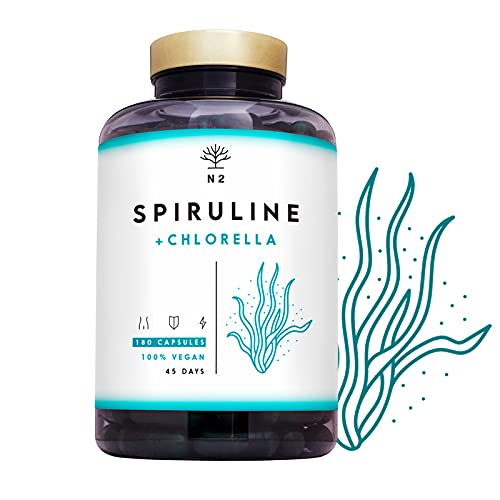 Chlorella Spirulina Tabletten Detox, Eiwitten, Ijzer, Probiotica Supplement, Antioxidant Verwijdert Zware Metalen Algen Supplement Hoge Dose 180 Plantaardige Capsules Vegan EC N2 Natural Nutrition