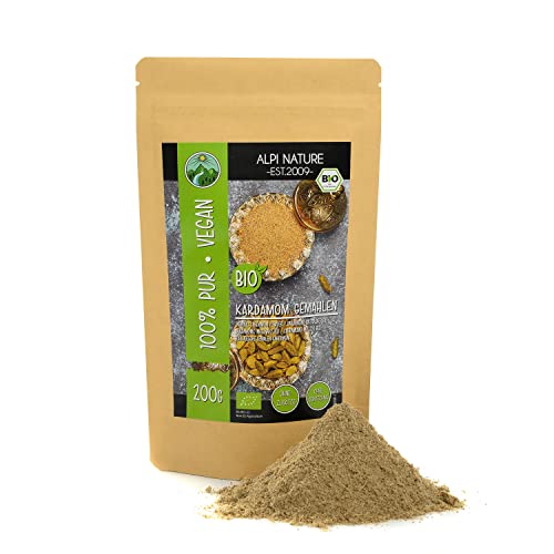 Gemalen biologische kardemom (200g), biologisch geteeld kardemompoeder, glutenvrij, lactosevrij, laboratorium getest, uiteraard zonder toevoegingen, vegan kardemompoeder