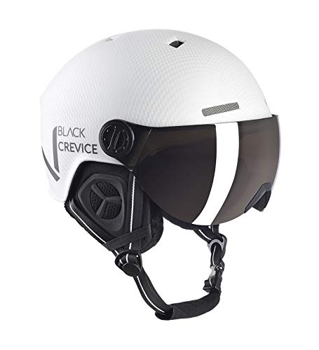 BLACK CREVICE Sölden Skihelm met vizier in pilotenstijl, skihelm voor dames en heren, ademende skihelm, in grootte verstelbaar, matwit carbon/zwart, S/M (54-57)