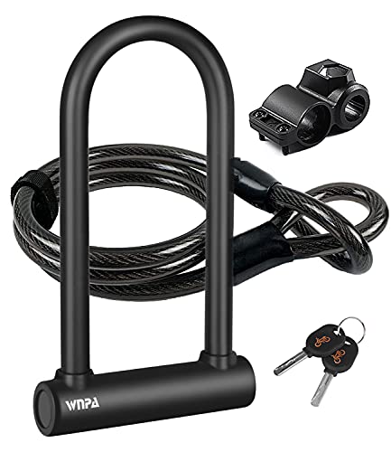 Fietsslot, beugelslot, hoogwaardig fietsslot, U-fietsslot, zware belasting, hoge veiligheid, D-beugel, fietsslot met 4 ft / 1,2 m stalen flexibele kabel en houder voor fietsen, motorfietsen (L)
