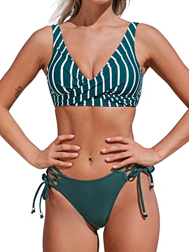 Cupshe Bikini, voor dames, wikkellook, vetersluiting, bloemenpatroon, tweedelig, groen/strepen., S
