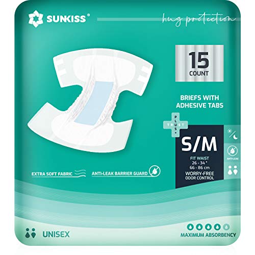 SUNKISS TrustPlus luiers voor volwassenen met maximale absorptie, wegwerpincontinentieslip met tabbladen voor mannen en vrouwen, maximaal overnachtingsabsorptie, klein/middelgroot, 15 stuks