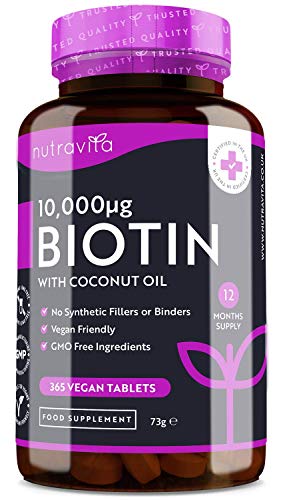 Biotine Haargroeisupplement 10.000mcg - 365 Biotine Tabletten voor het Haar - Verrijkt met Kokosolie & Ondersteunt gezonde huid-en haargroei - Gemaakt in het Verenigd Koninkrijk door Nutravita