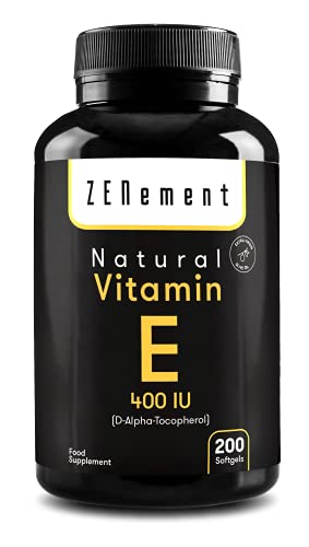 Natuurlijke vitamine E - 400 IU (D-alfa-tocoferol), 200 capsules: levering voor meer dan 6 maanden | met extra vierge olijfolie | Antioxidant en anti-veroudering | van Zenement