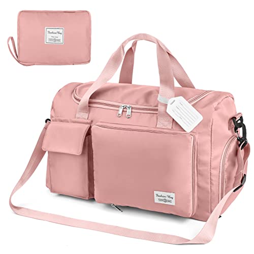 Flintronic Opvouwbare reistas, bagagetas, grote weekendtas, overnachtingstas, vakantietas, waterdichte sporttas voor heren en dames, met 1 bagagelabel), #3 Pink-a, 28*22*4.5CM