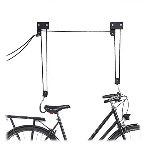 Relaxdays, zwarte fiets-plafondlift, 45 kg draagvermogen, met haken, universeel, met kabelrem, trekkoord, kajak, fietslift, één maat
