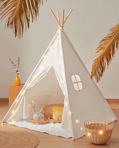 Tiny Land Tipi speeltent voor kinderen met gevoerde deken, lichtketting en opbergtas, katoenen zeildoek, kindertent (wit 165 cm hoog), speelhuis kinderen