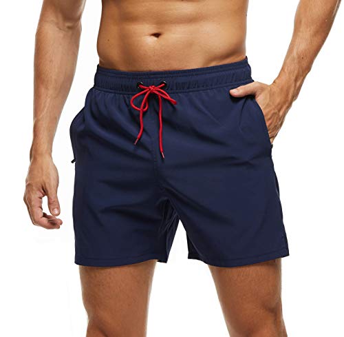 Arcweg Zwembroek voor heren, met ritszakken, ademend, waterafstotend, trainingsshorts voor heren, elastisch, verstelbaar, met trekkoord en meshvoering, donkerblauw, L