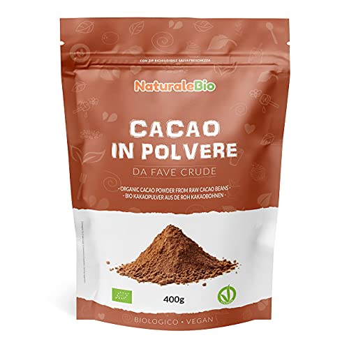 Biologisch Cacaopoeder 400 gram. Bio, Natuurlijk en Zuiver. Geproduceerd in Peru van de Boom Theobroma Cacao. Bron van Magnesium, Mangaan en Fosfor. NaturaleBio