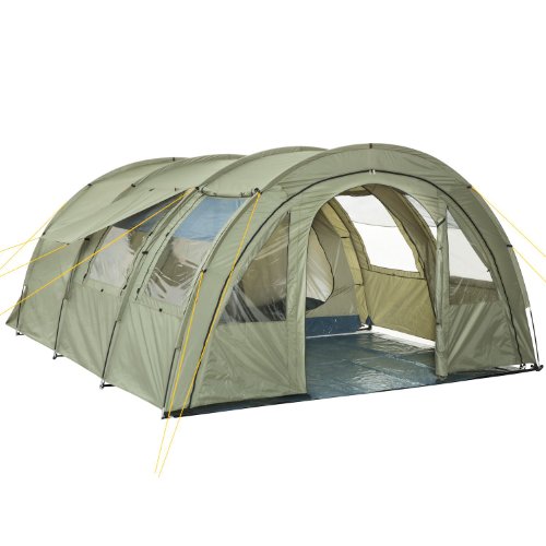 CampFeuer Tent Multi voor 4 personen, olijfgroen, tunneltent met enorme voortent, 5000 mm waterkolom, campingtent met grondzeil en verplaatsbare voorwand, groepstent en familietent