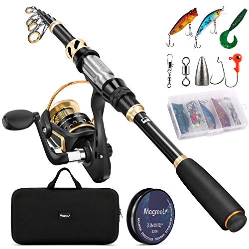 Magreel Hengel Telescopische hengel, stationaire rol, combo-set met vislijn, visaas, set accessoires en draagtas voor zout water, zoet water, 2,1 m