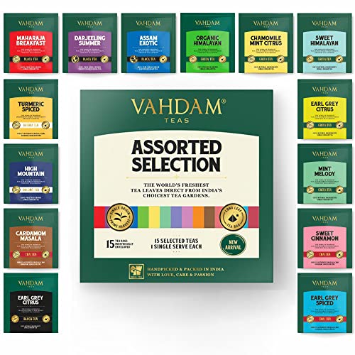 VAHDAM, Thee Assortiment Pakket | 15 SMAKEN | Prijswinnende Theemonsters | Zwarte-, Groene-, Oolong-, Chai-, Kruidenthee | Theezakjes met lang blad | Best Verkochte Thee Cadeau Set & Thee Cadeau Box